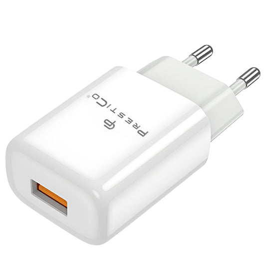 Мрежово зарядно устройство Prestico F7, 12W, 2.4A, 1 x USB-A, бяло