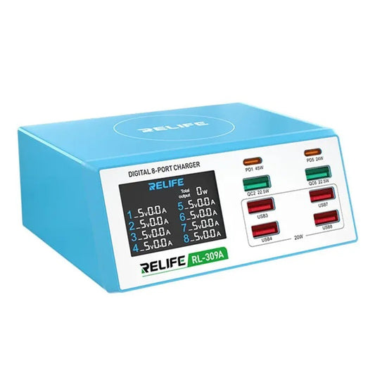 Мрежово зарядно устройство Relife RL-309A, 100W, 4,5A, 2 x USB-C - 6 x USB-A, синьо