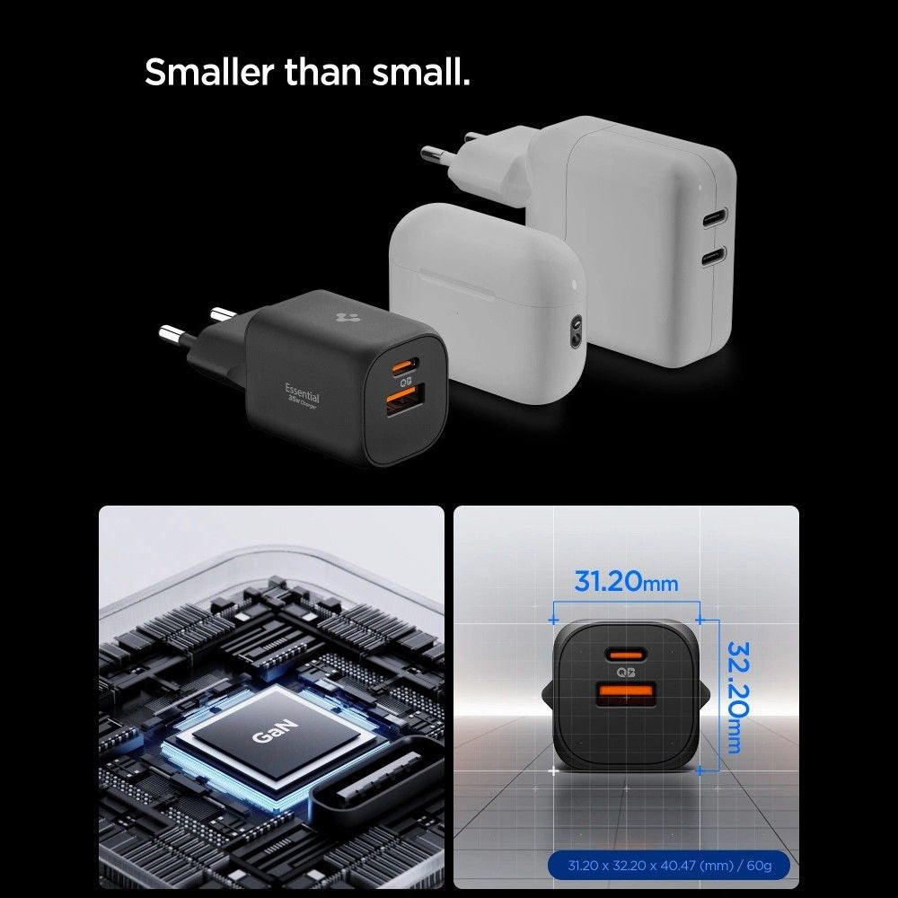 Зарядно устройство за мрежа Spigen Essential, 35W, 3A, 1 x USB-A - 1 x USB-C, Бяло