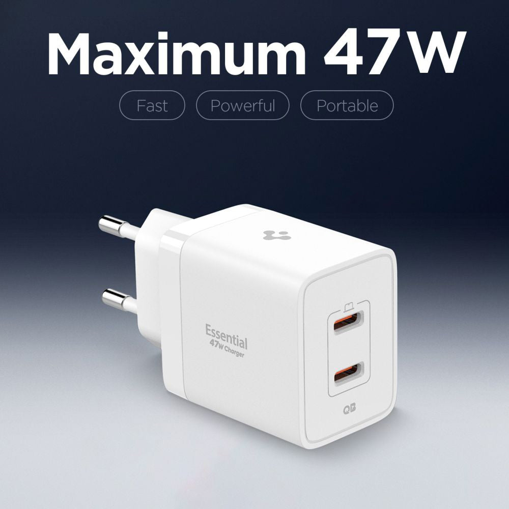 Мрежово зарядно устройство Spigen Essential, 47W, 3A, 2 x USB-C, Бяло ACH08707