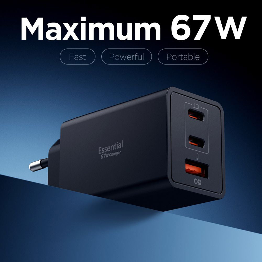 Зарядно устройство за мрежа Spigen Essential, 67W, 3.25A, 1 x USB-A - 2 x USB-C, Черно ACH09458