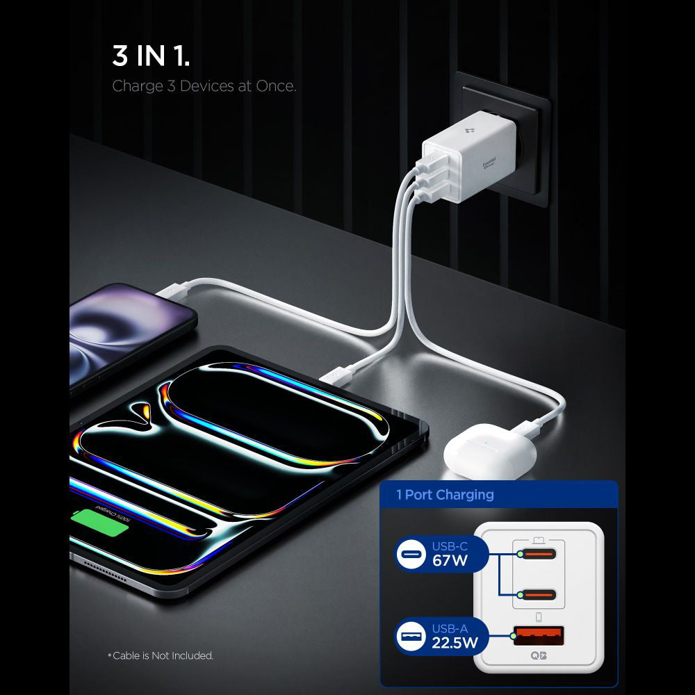 Зарядно устройство за мрежа Spigen Essential, 67W, 3.25A, 1 x USB-A - 2 x USB-C, Бяло ACH08710