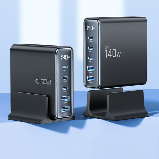 Мрежово зарядно устройство Tech-Protect DC140W DC140W, 140W, 3A, 2 x USB-A - 3 x USB-C, черно