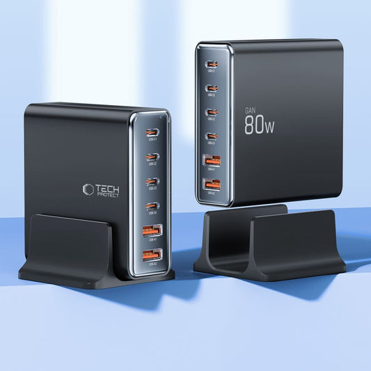 Мрежово зарядно устройство Tech-Protect DC80W, 80W, 3A, 2 x USB-A - 4 x USB-C, черно