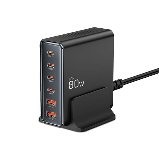 Мрежово зарядно устройство Tech-Protect DC80W, 80W, 3A, 2 x USB-A - 4 x USB-C, черно