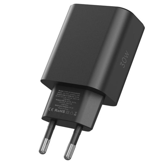 Мрежово зарядно устройство Tech-Protect NC30W, 30W, 3A, 1 x USB-A - 2 x USB-C, черно