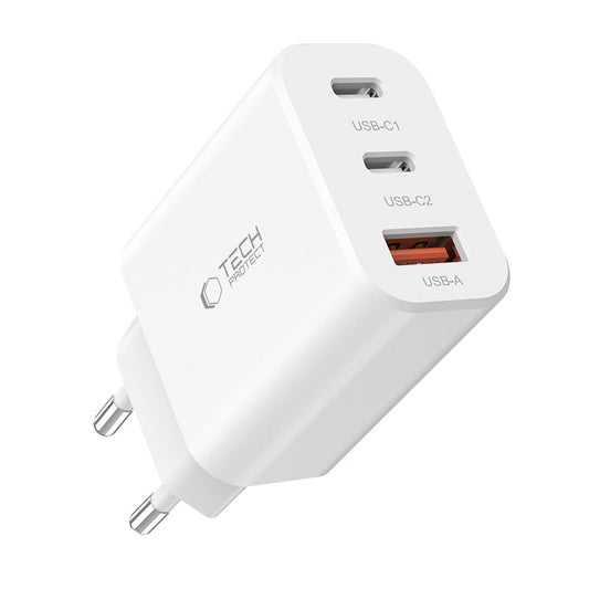Мрежово зарядно устройство Tech-Protect NC30W, 30W, 3A, 1 x USB-A - 2 x USB-C, бяло