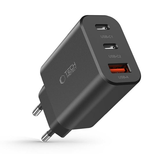 Мрежово зарядно устройство Tech-Protect NC30W, 30W, 3A, 1 x USB-A - 2 x USB-C, черно