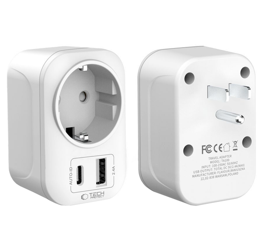 Зарядно устройство за мрежа Tech-Protect TA100 Travel US, 20W, 3A, 1 x Schuko - 1 x USB-A - 1 x USB-C, Бяло