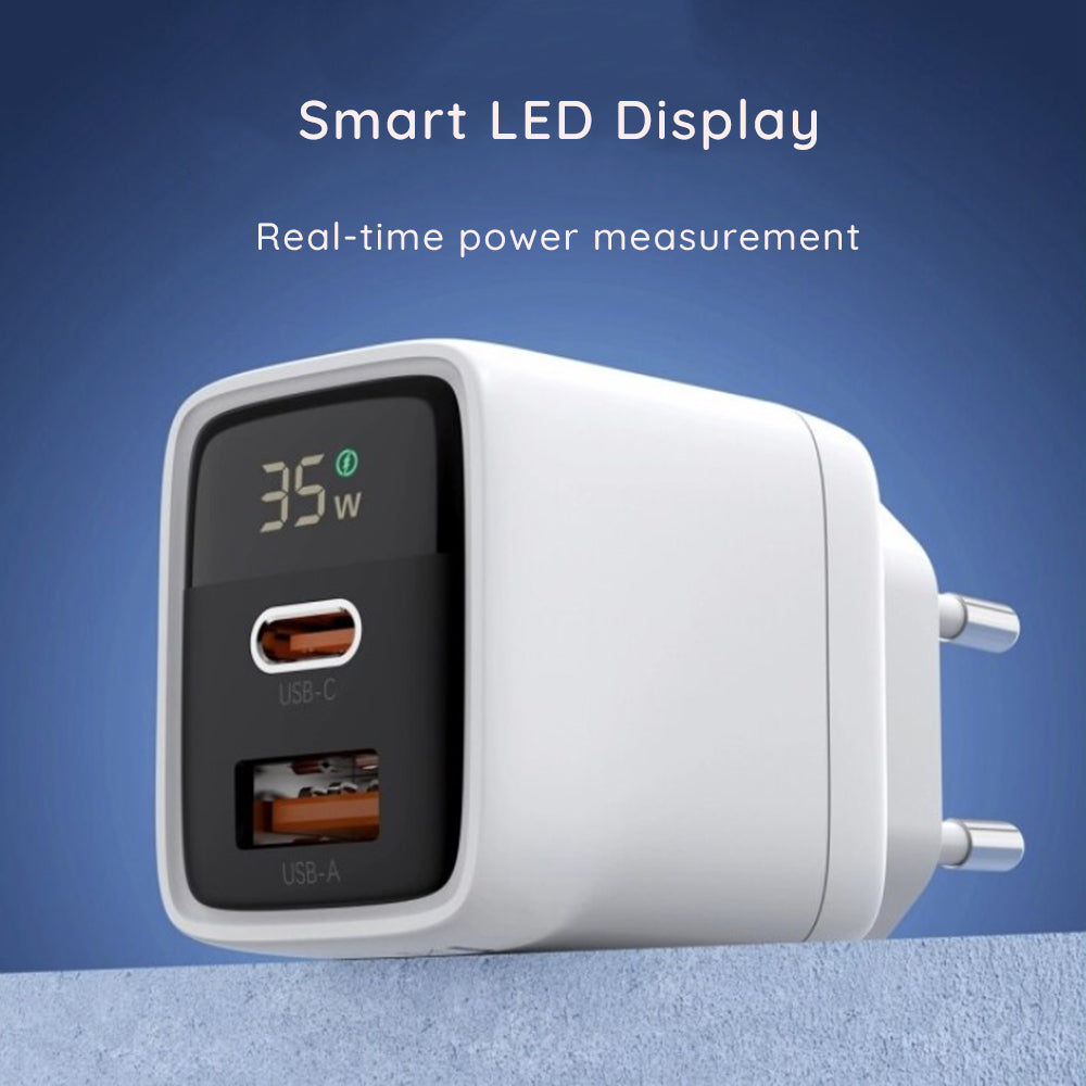 Мрежово зарядно устройство Techsuit CH3 LEDChargX Display, 35W, 3A, 1 x USB-A - 1 x USB-C, Черно