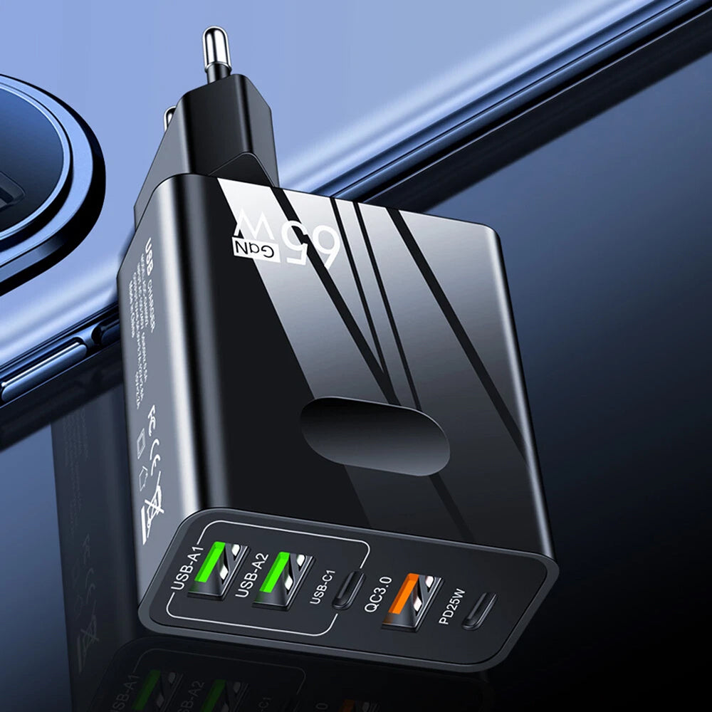 Зарядно устройство за мрежа Techsuit CHC1 PentaXPower, 25W, 3A, 3 x USB-A - 2 x USB-C, Черно