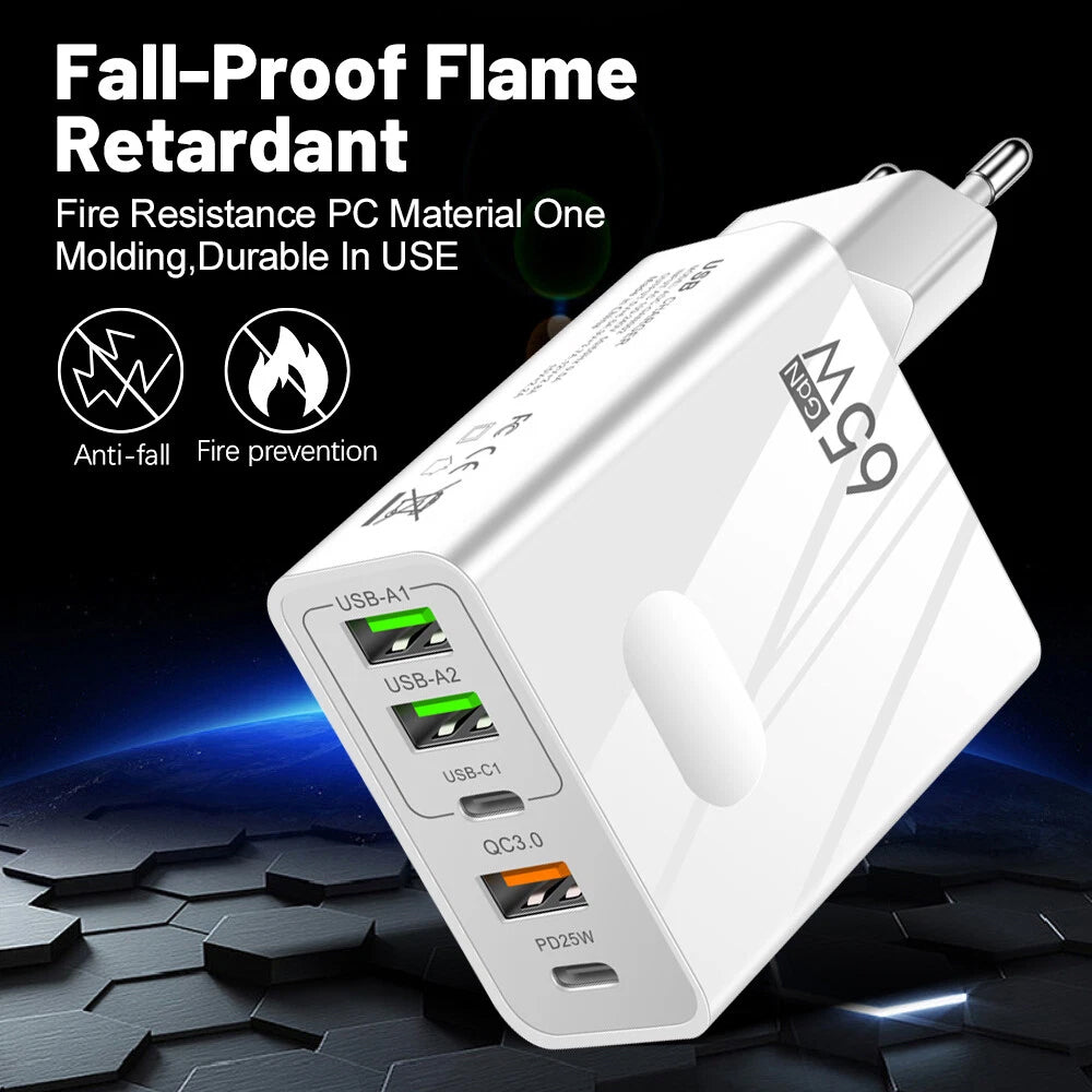 Зарядно устройство за мрежа Techsuit CHC1 PentaXPower, 25W, 3A, 3 x USB-A - 2 x USB-C, Черно