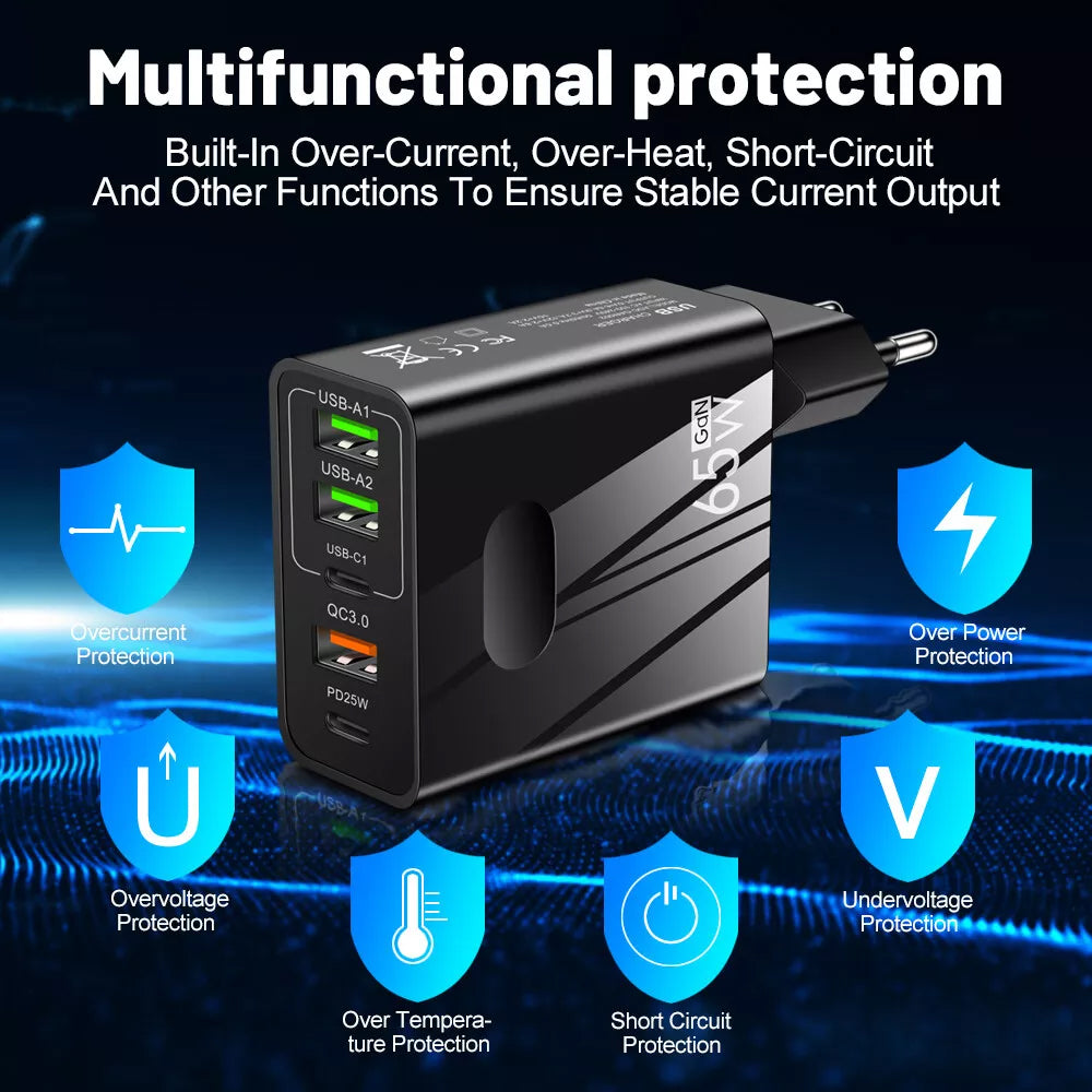 Зарядно устройство за мрежа Techsuit CHC1 PentaXPower, 25W, 3A, 3 x USB-A - 2 x USB-C, Черно