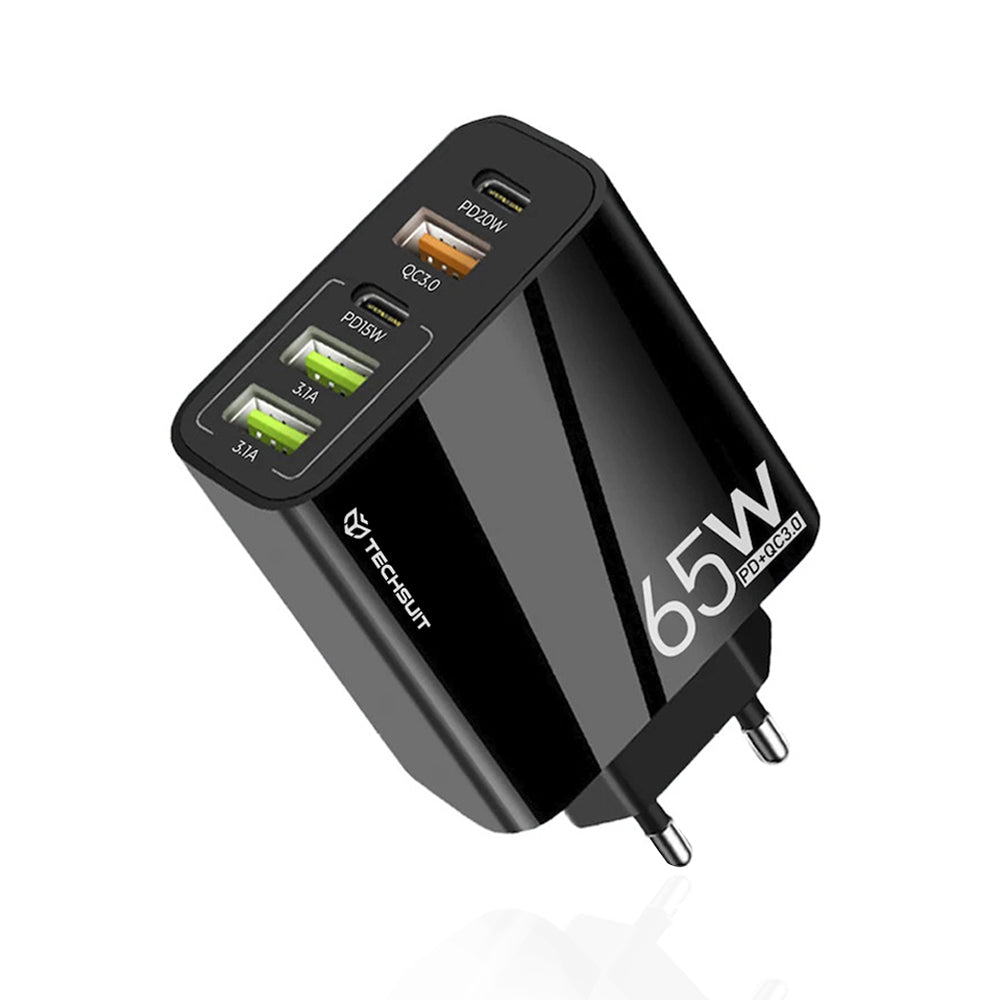 Мрежово зарядно устройство Techsuit CHC2 PentaXPower, 20W, 3A, 3 x USB-A - 2 x USB-C, Черно