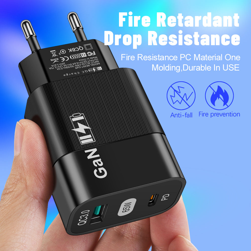 Мрежово зарядно устройство Techsuit CHPD131, 65W, 3.25A, 1 x USB-A - 1 x USB-C, Черно