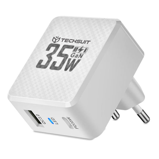 Зарядно за мрежа Techsuit CHPD173 Tiny, 35W, 3A, 1 x USB-A - 1 x USB-C, Бяло