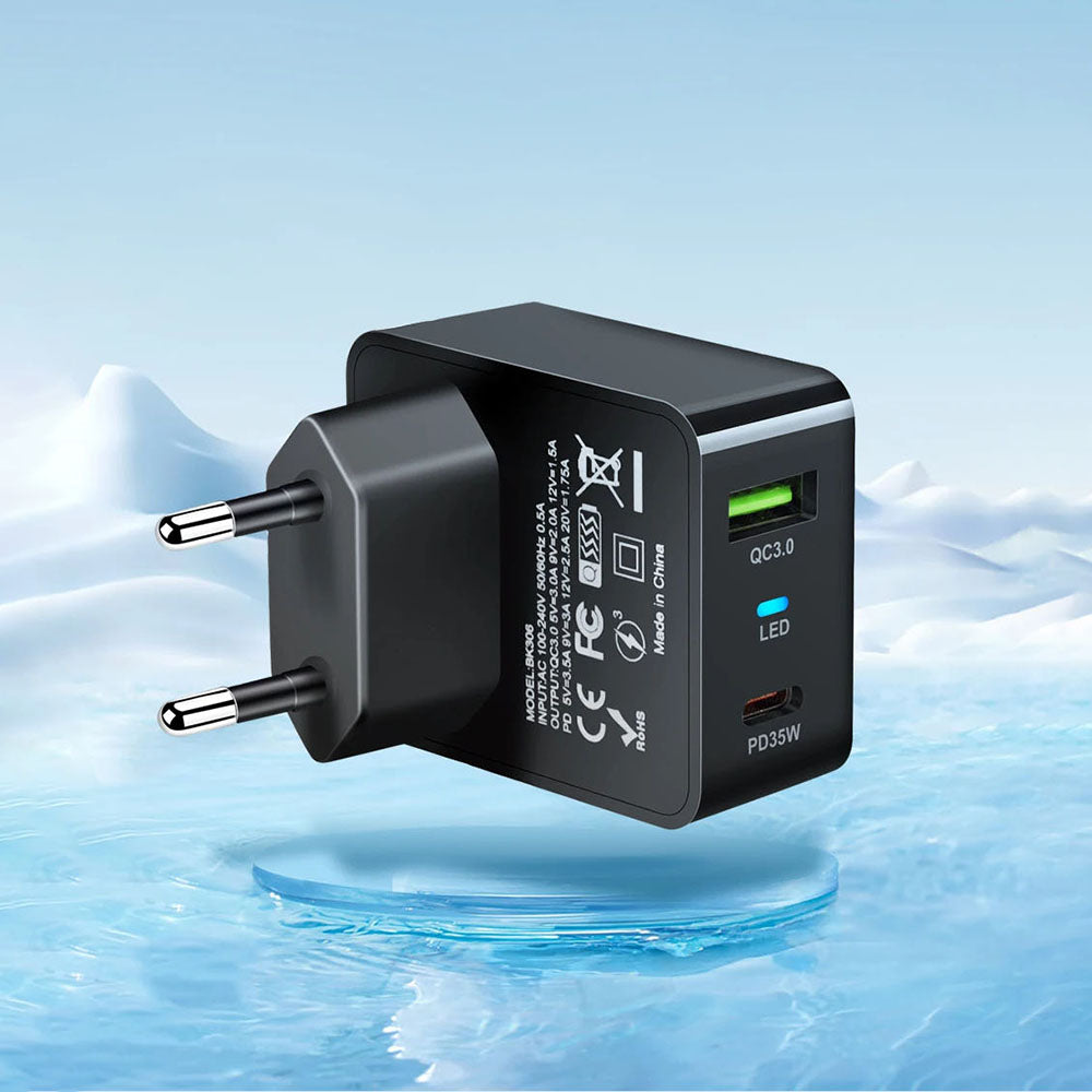 Зарядно устройство за мрежа Techsuit CHPD173 Tiny, 35W, 3A, 1 x USB-A - 1 x USB-C, Черно