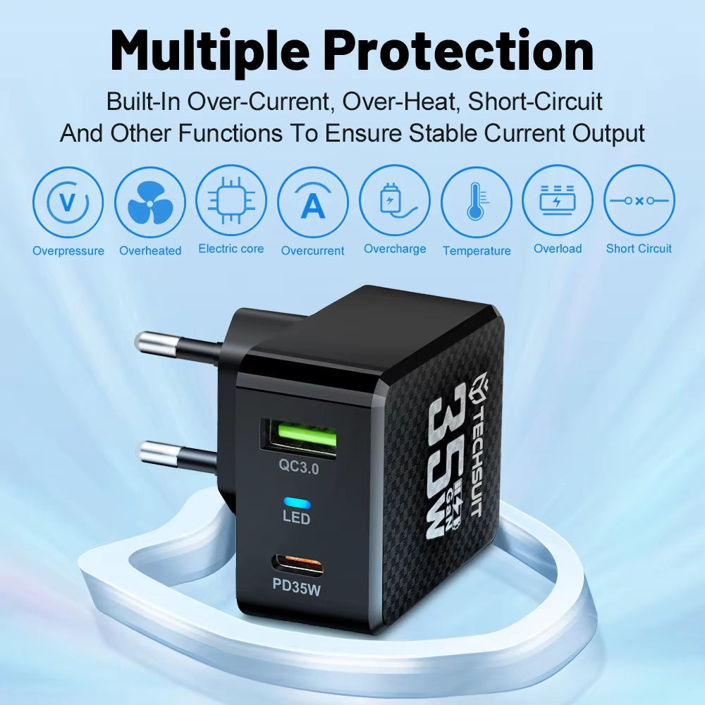 Зарядно устройство за мрежа Techsuit CHPD173 Tiny, 35W, 3A, 1 x USB-A - 1 x USB-C, Черно