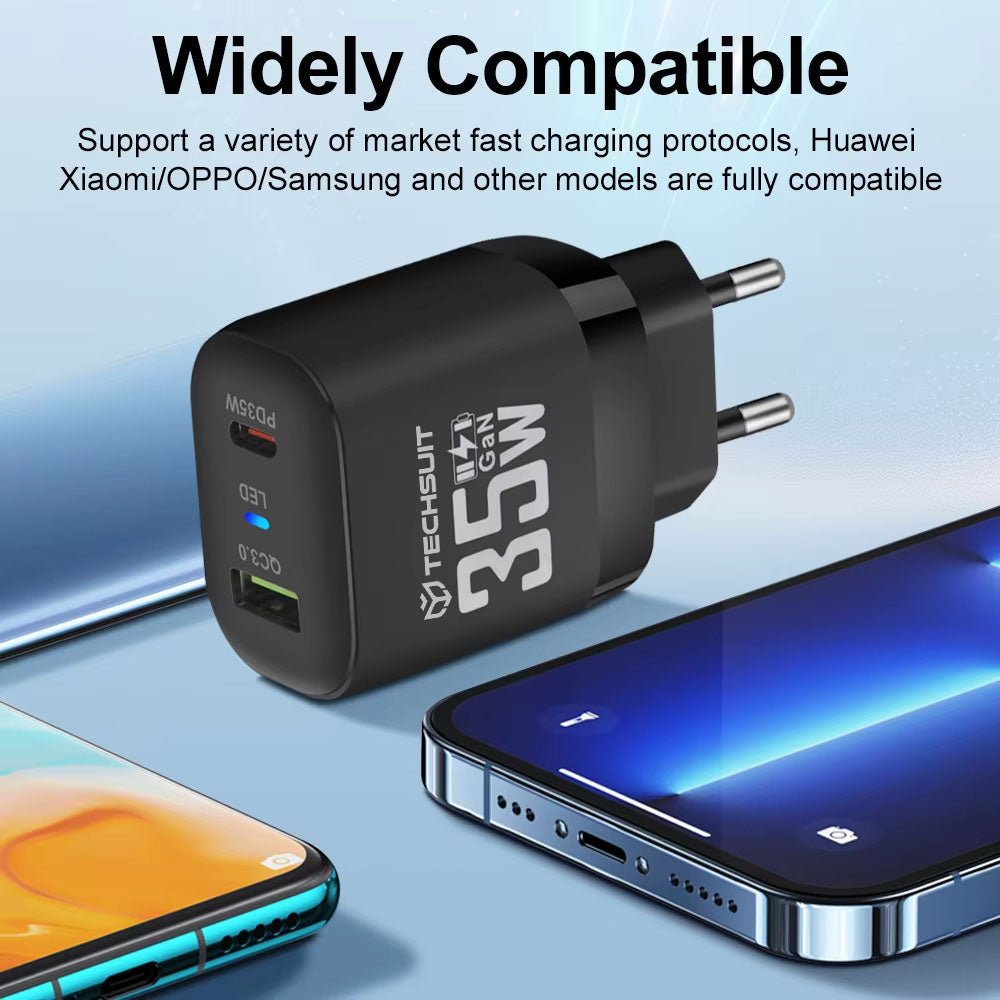 Зарядно за мрежа Techsuit CHPD174, 35W, 3A, 1 x USB-A - 1 x USB-C, Бяло