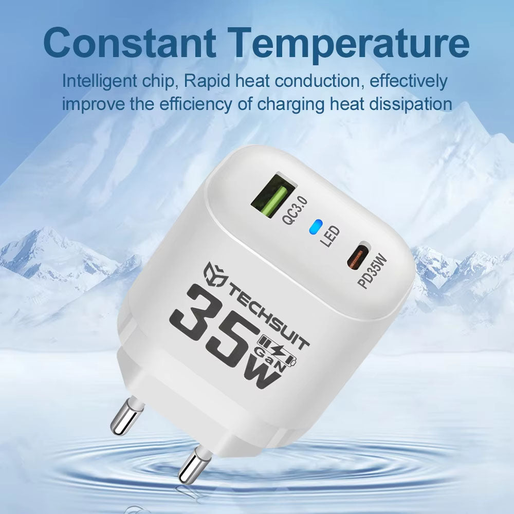 Зарядно за мрежа Techsuit CHPD174, 35W, 3A, 1 x USB-A - 1 x USB-C, Бяло