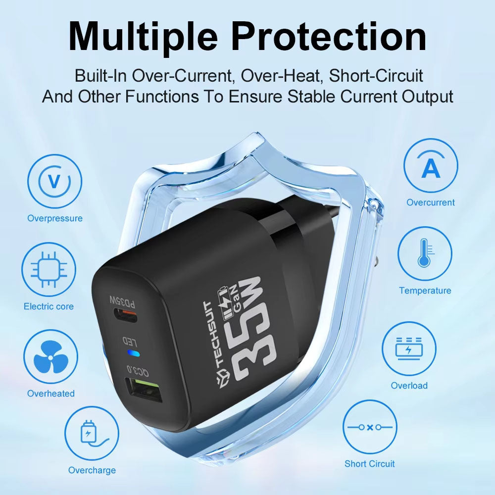 Зарядно за мрежа Techsuit CHPD174, 35W, 3A, 1 x USB-A - 1 x USB-C, Бяло