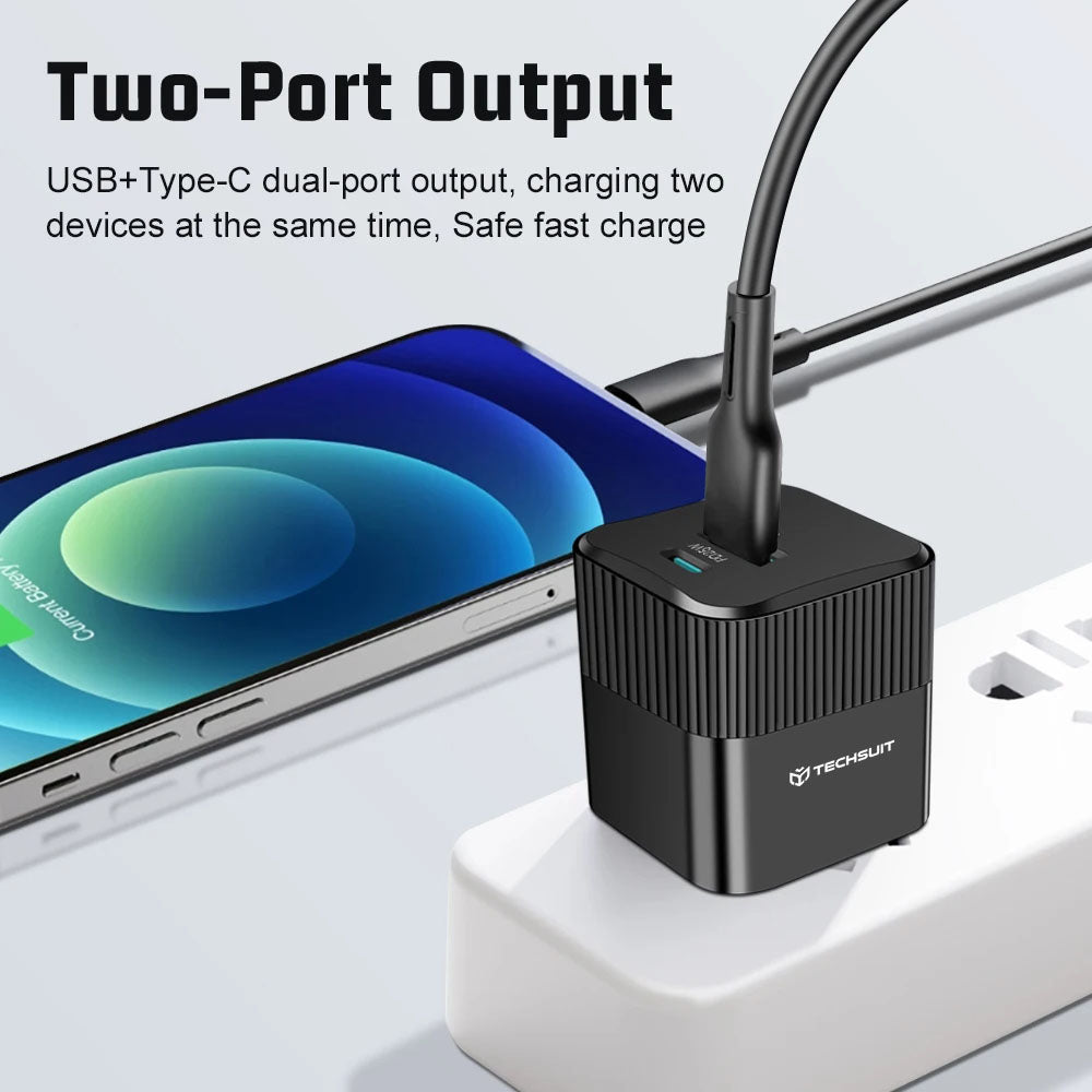 Зарядно устройство за мрежа Techsuit CHPD216 Tiny, 25W, 3A, 1 x USB-A - 1 x USB-C, Бяло