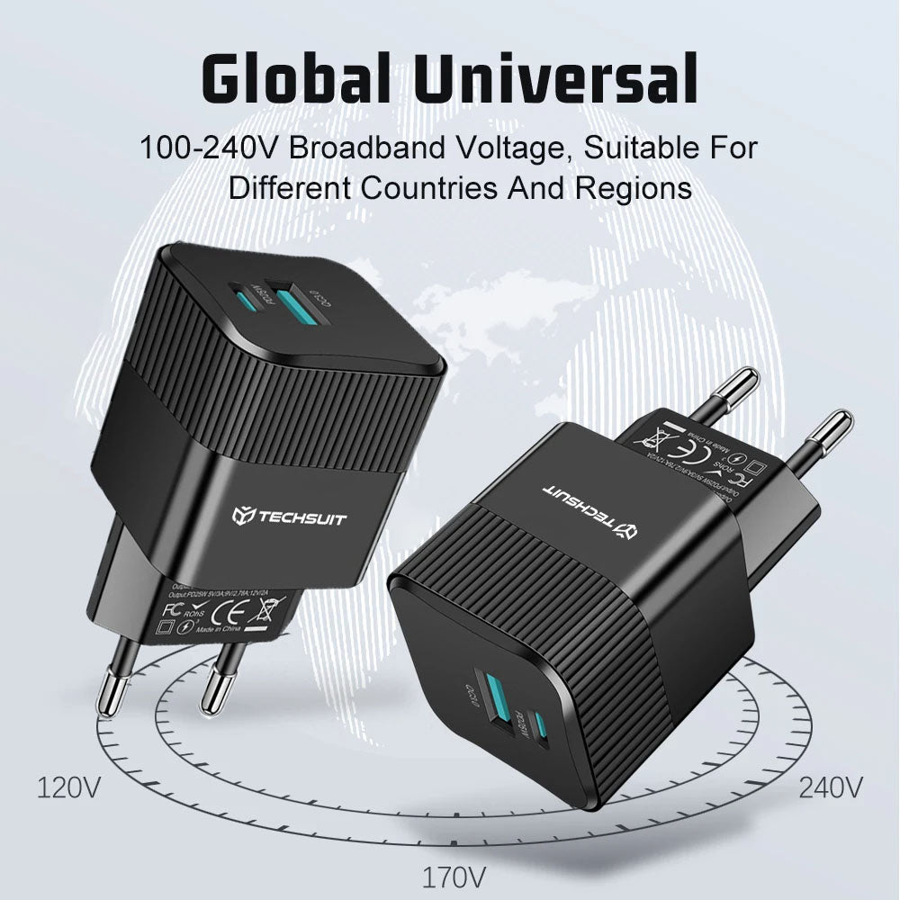 Зарядно устройство за мрежа Techsuit CHPD216 Tiny, 25W, 3A, 1 x USB-A - 1 x USB-C, Бяло
