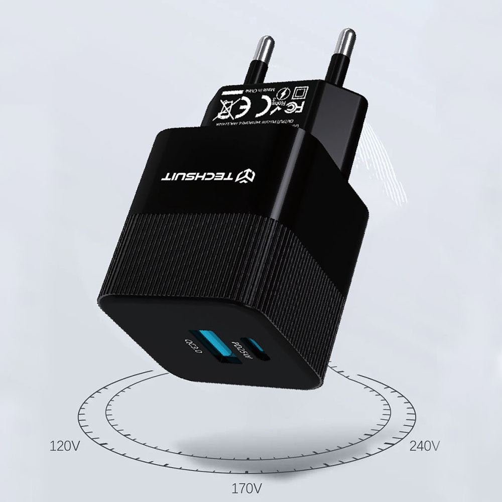 Зарядно устройство за мрежа Techsuit CHPD216 Tiny, 25W, 3A, 1 x USB-A - 1 x USB-C, Бяло