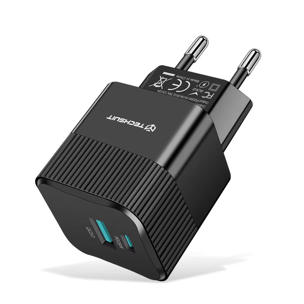 Зарядно устройство за мрежа Techsuit CHPD216 Tiny, 25W, 3A, 1 x USB-A - 1 x USB-C, Черно