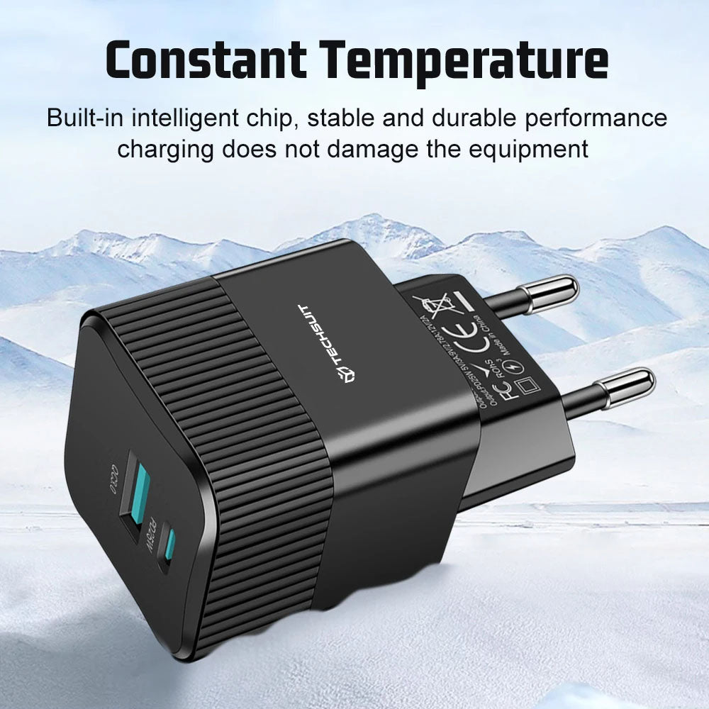 Зарядно устройство за мрежа Techsuit CHPD216 Tiny, 25W, 3A, 1 x USB-A - 1 x USB-C, Черно
