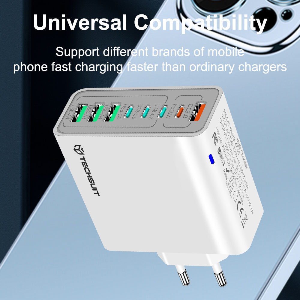 Мрежов зарядно устройство Techsuit CHPD224, 65W, 3.25A, 4 x USB-A - 4 x USB-C, Бяло