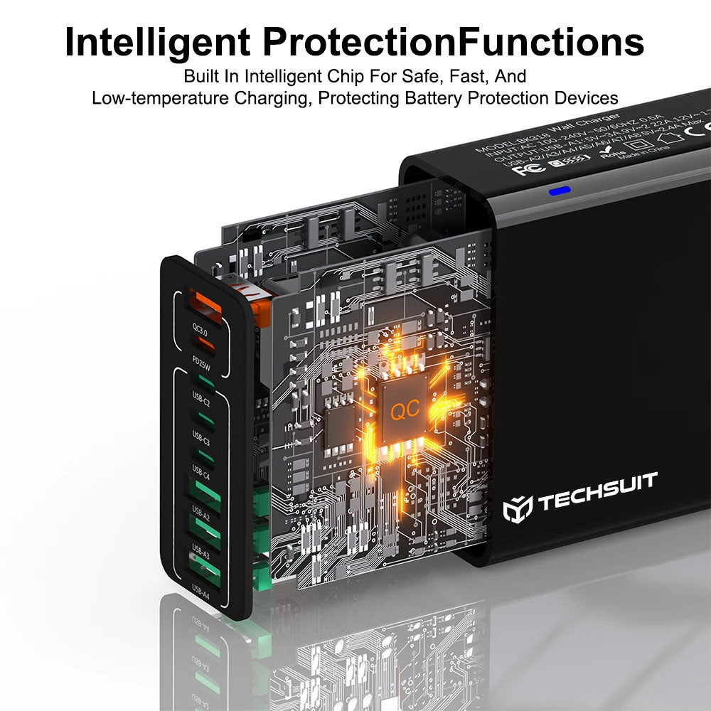 Зарядно устройство за мрежа Techsuit CHPD224, 65W, 3.25A, 4 x USB-A - 4 x USB-C, Черно