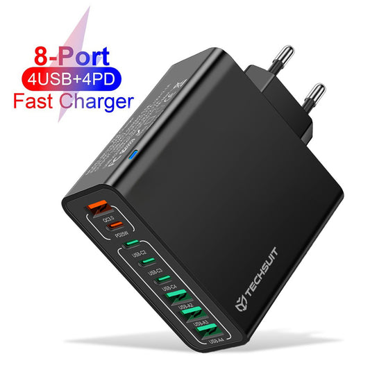 Зарядно устройство за мрежа Techsuit CHPD224, 65W, 3.25A, 4 x USB-A - 4 x USB-C, Черно