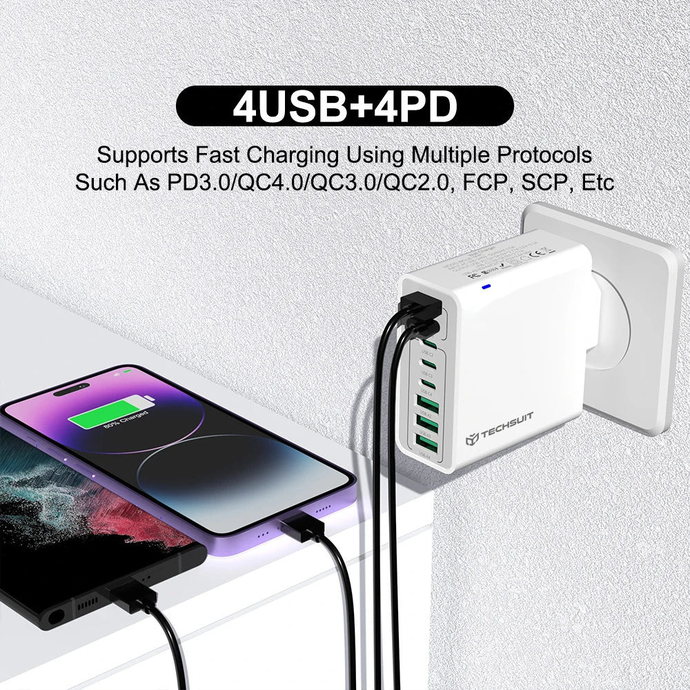 Зарядно устройство за мрежа Techsuit CHPD224, 65W, 3.25A, 4 x USB-A - 4 x USB-C, Черно