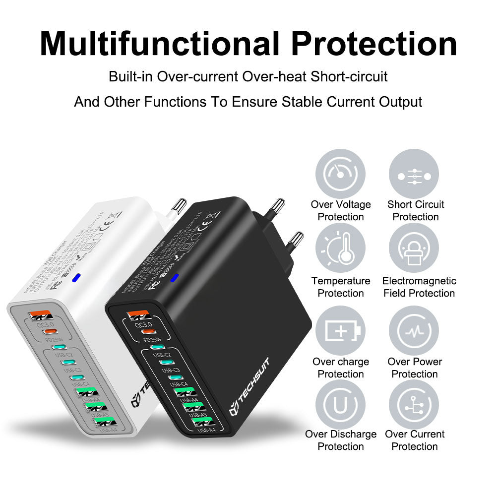 Зарядно устройство за мрежа Techsuit CHPD224, 65W, 3.25A, 4 x USB-A - 4 x USB-C, Черно