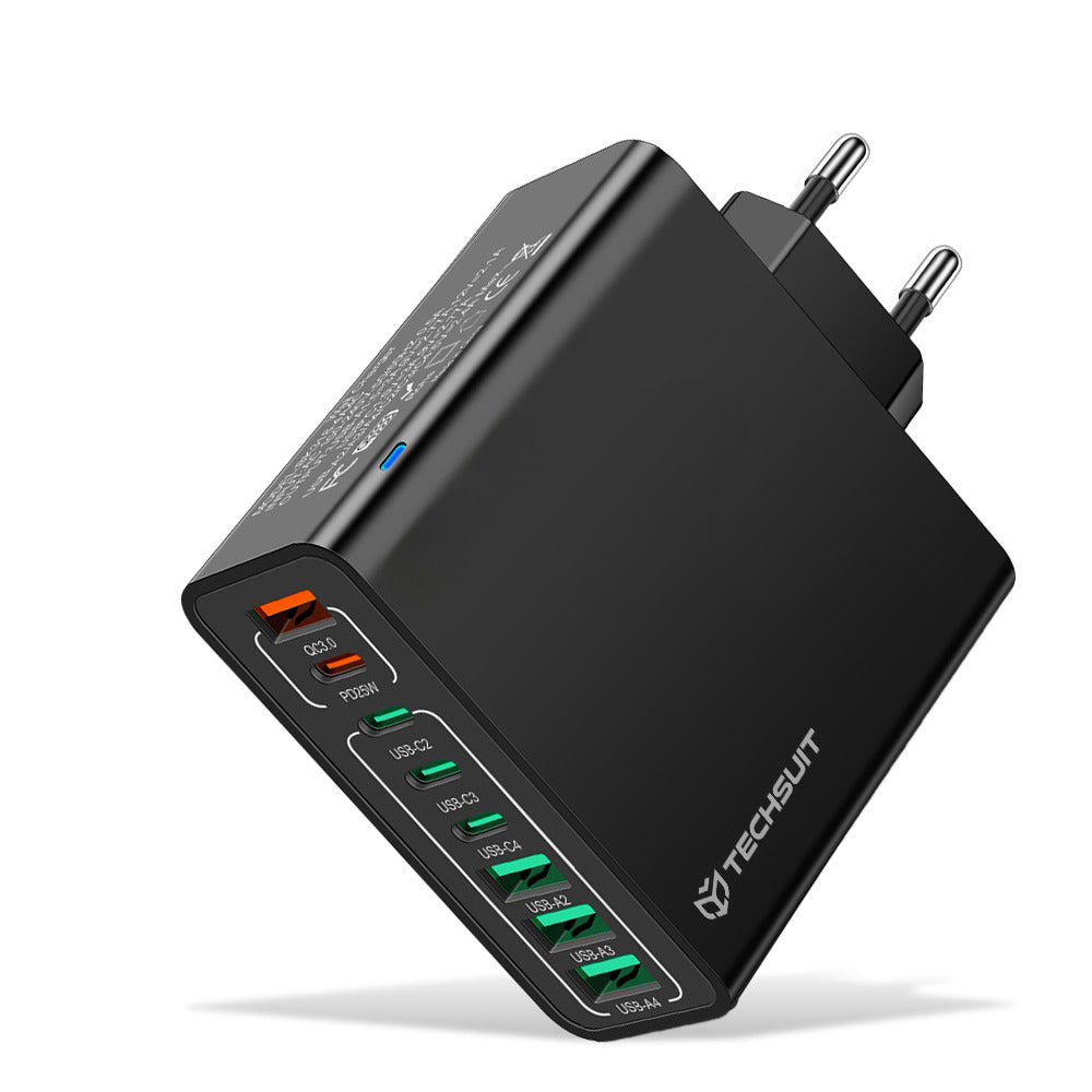 Зарядно устройство за мрежа Techsuit CHPD224, 65W, 3.25A, 4 x USB-A - 4 x USB-C, Черно