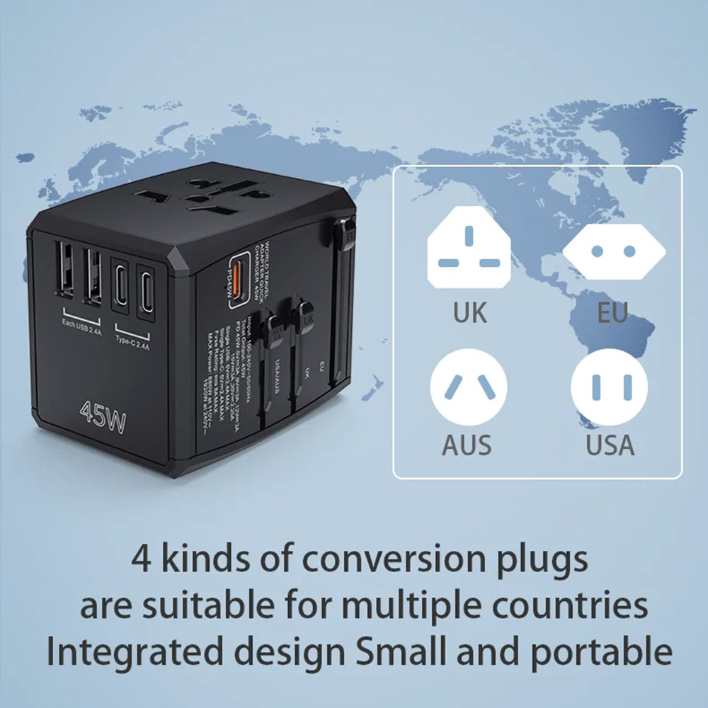 Зарядно за мрежа Techsuit HHT905 Travel, 45W, 3A, 2 x USB-A - 2 x USB-C, Черно