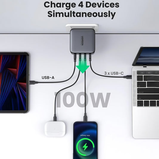 Мрежово зарядно устройство UGREEN CD226, 100W, 3A, 1 x USB-A - 3 x USB-C, черно