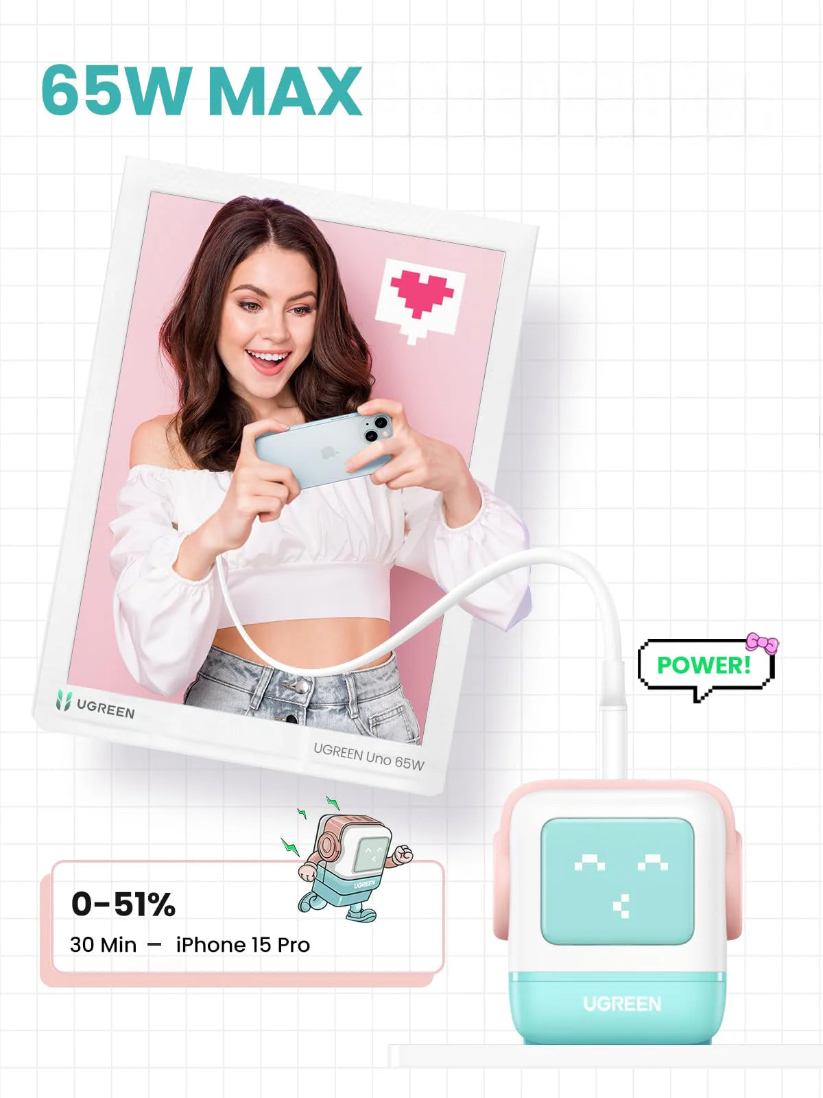 Зарядно за мрежа UGREEN CD361 Uno, 65W, 3.25A, 1 x USB-A - 2 x USB-C, Тюркоаз