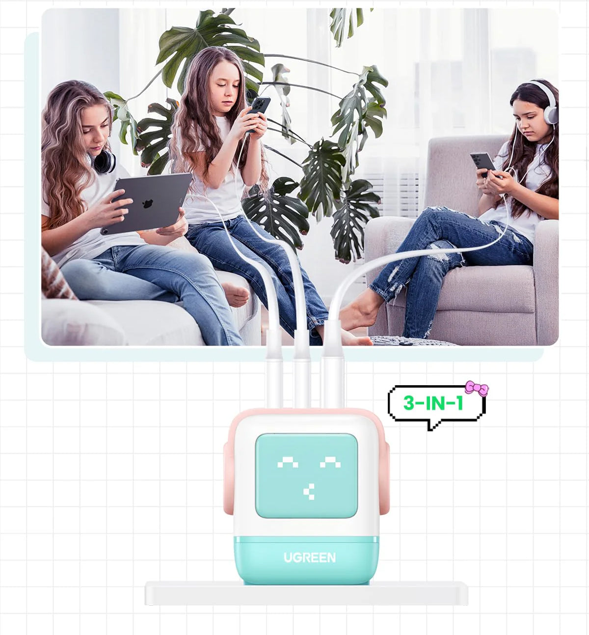 Зарядно за мрежа UGREEN CD361 Uno, 65W, 3.25A, 1 x USB-A - 2 x USB-C, Тюркоаз