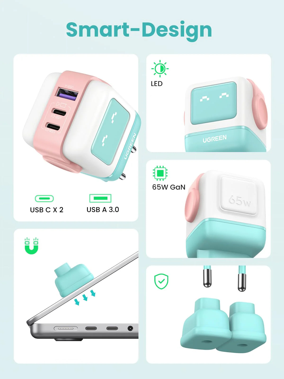 Зарядно за мрежа UGREEN CD361 Uno, 65W, 3.25A, 1 x USB-A - 2 x USB-C, Тюркоаз