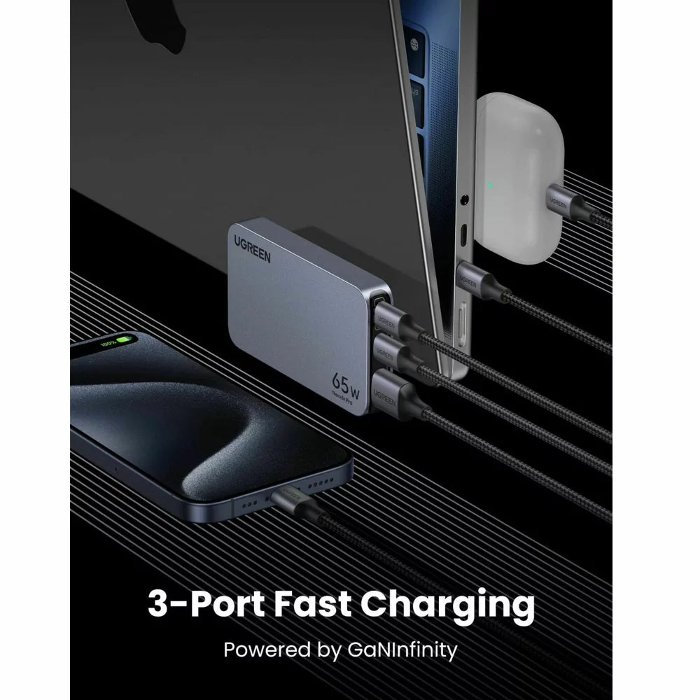 Мрежово зарядно устройство UGREEN X753 Nexode Pro, 65 W, 3A, 1 x USB-A - 2 x USB-C, сиво