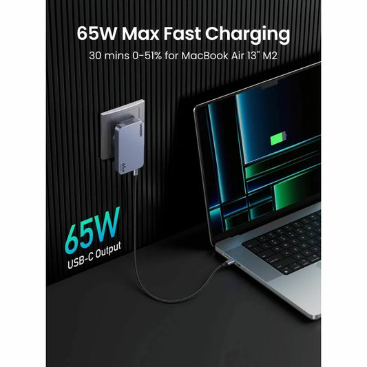 Мрежово зарядно устройство UGREEN X753 Nexode Pro, 65 W, 3A, 1 x USB-A - 2 x USB-C, сиво