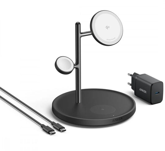 Зарядно устройство за безжична мрежа Anker MagGo 3in1, 25W, 1.67A, Черно B25M3311