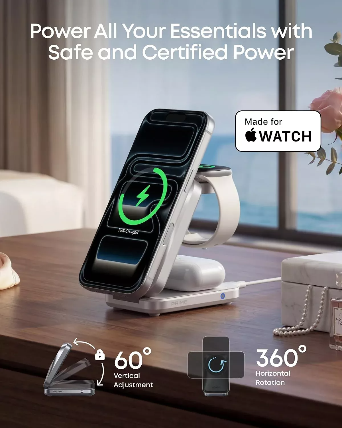 Безжично зарядно устройство Anker Prime MagGo 3в1, 25W, бяло B25N1G21