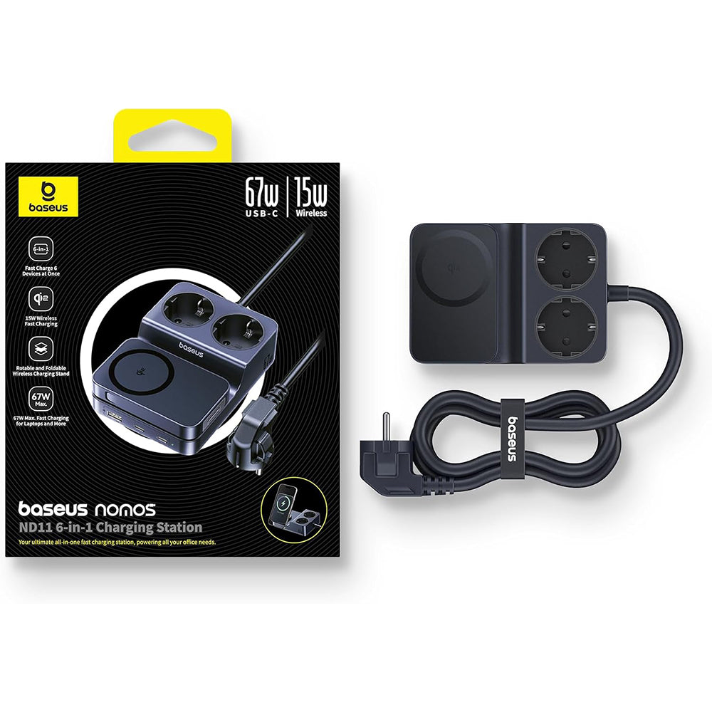 Зарядно устройство Baseus Nomos ND11 QI 6in1, 67W, 3.35A, 1 x USB-A - 2 x USB-C - 2 x Schuko, Черно P80015804213-00