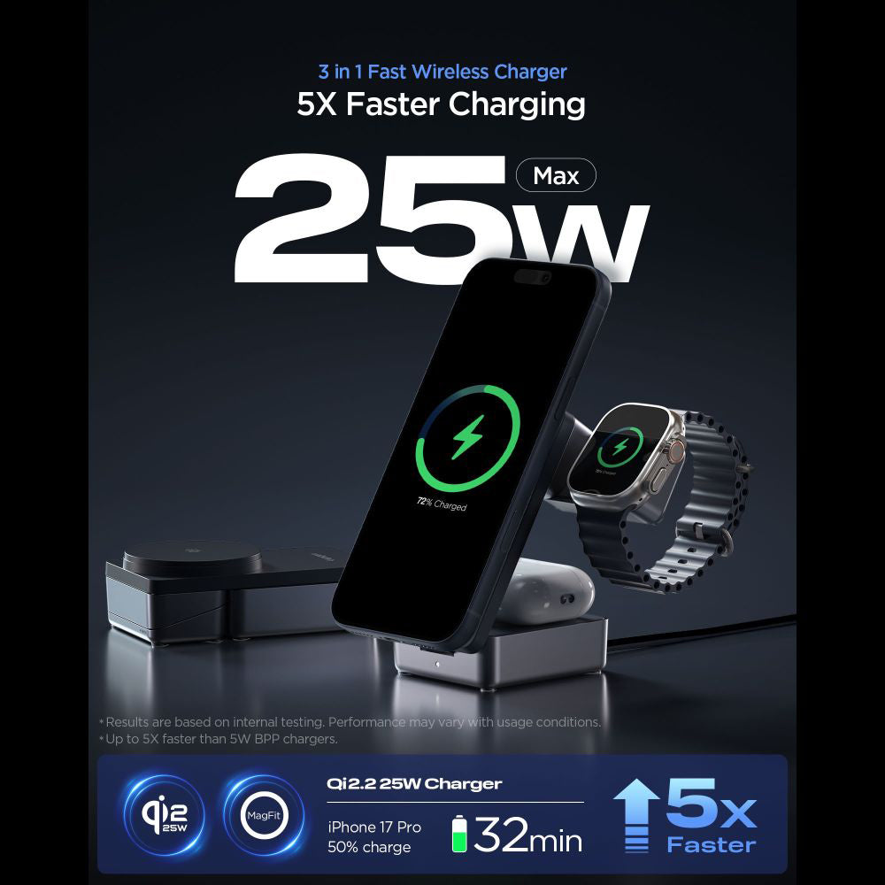 Spigen EF323MQ Essential 3in1 Wireless Network Charger, 25W, Black ACH10398