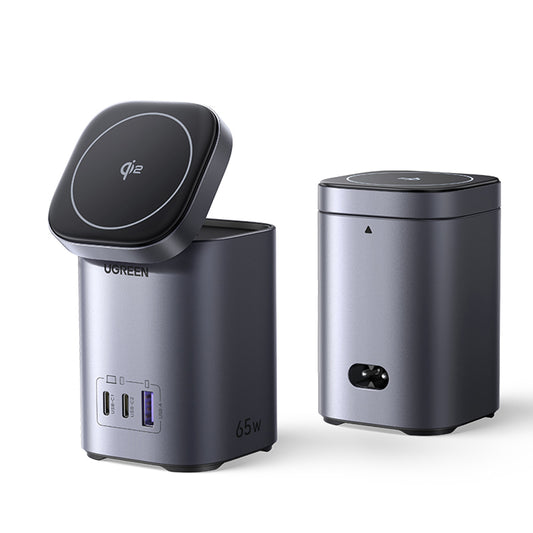 Безжичен мрежов зарядно UGREEN X555 4в1, 65W, 3.25A, 1 x USB-A - 2 x USB-C, Сив