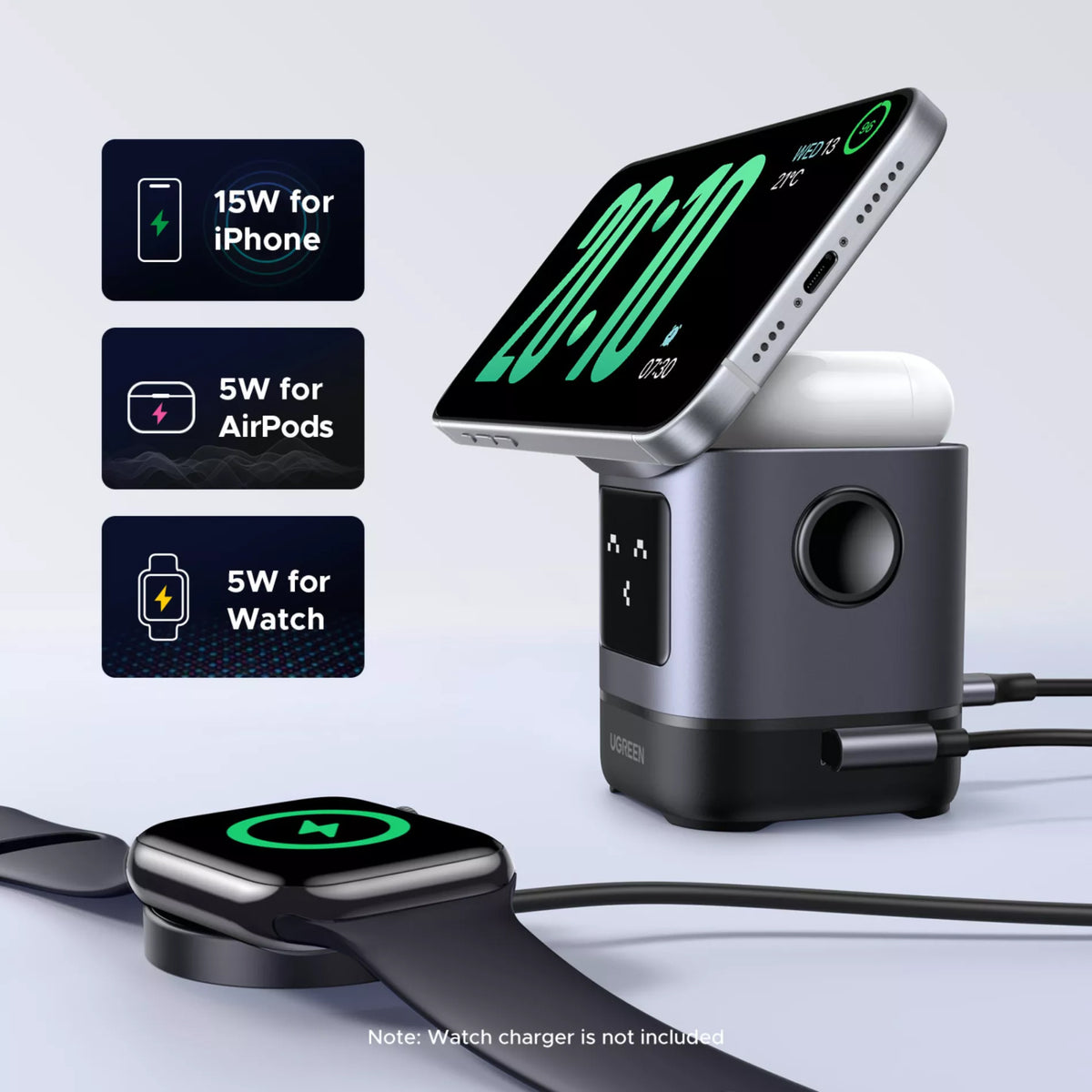Безжично зарядно устройство за мрежа UGREEN W709 Uno 2in1, 15W, 1.67A, Черно