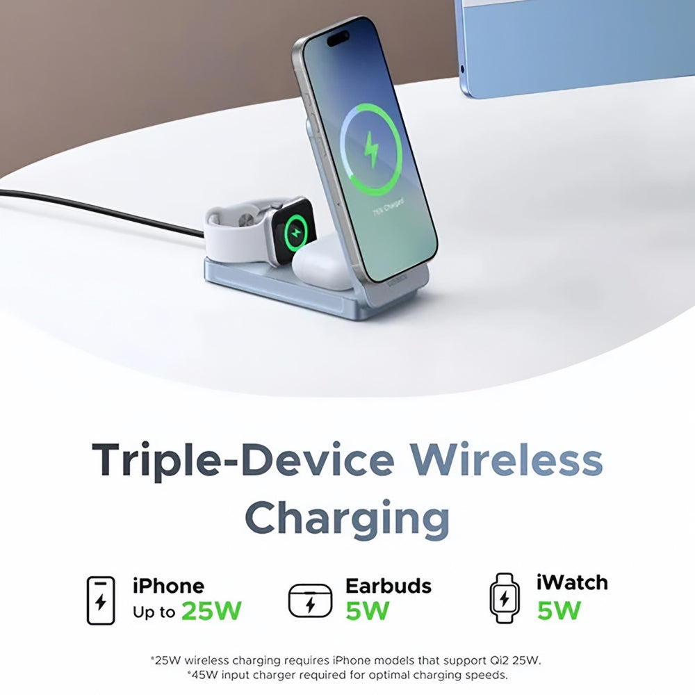 Безжично зарядно устройство UGREEN W757 (65901) 3в1, 25W, Синьо
